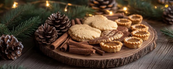 A rustic platter of spiced desserts, featuring cinnamon cookies and nutmeg tarts, surrounded by pinecones and twinkling Christmas lights