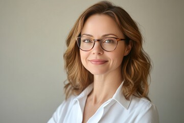 Obraz premium Portrait of a smiling woman wearing glasses and a white shirt