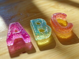 Vibrant Jelly Letters 'A', 'B', and 'C' on a Sunny Wooden Table &ndash; Perfect for Kids&rsquo; Room Decor or Sporty Interior Posters!