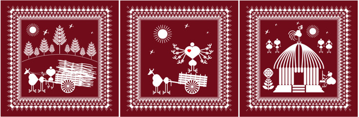  warli painting,Landscape, village and Farming Chikan stand on the House City and village