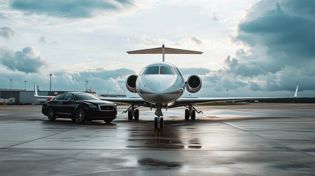 Air charter services with a jet standing ready on a private tarmac, high-end vehicles pulling up, personalized service visible