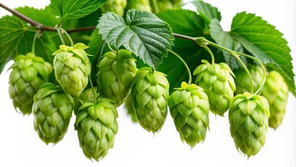 Branch with ripe hop cones on isolated background, hop, cones, branch, leaves, plant, agriculture, organic, ingredients, brewery