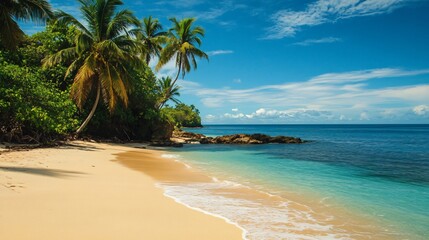Tropical beach with palm trees, white sand, turquoise water and blue sky.