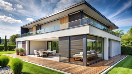 of a modern house with a terrace and window roller, modern, house, terrace,, home, exterior, design