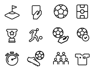 Soccer football icon set collection sport field match statistics goal possession corner ball possession penalty shirt time corner training