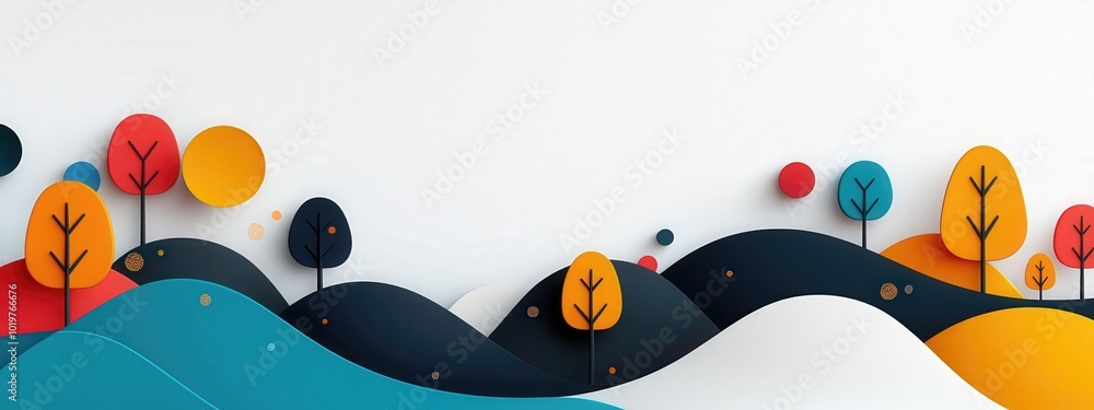 Poster this vibrant abstract landscape features colorful trees and playful shapes, creating a modern and ar