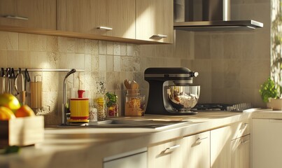 Modern kitchen counter with a stand mixer, fruits, and vegetables.