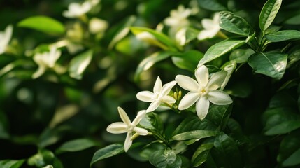 White Flowers Blooming in a Lush Green Bush