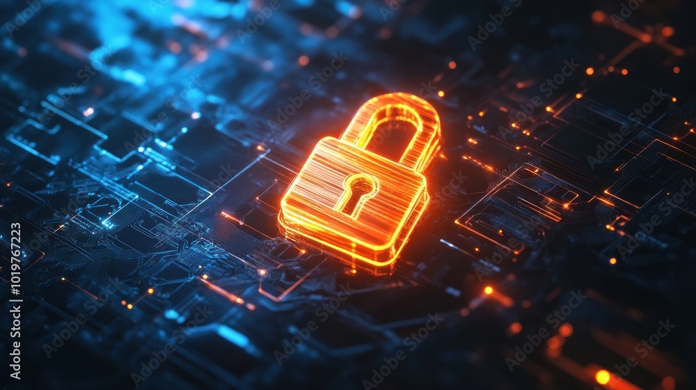 Poster cyber security: digital lock on abstract circuitry