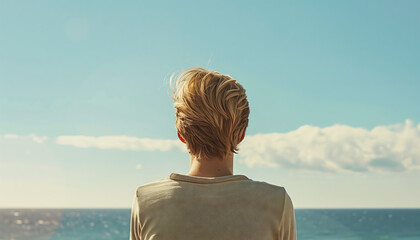 Reflective Young Woman Gazing at the Ocean on a Sunny Day Photograph - Ideal for Mental Health and Travel Blogs