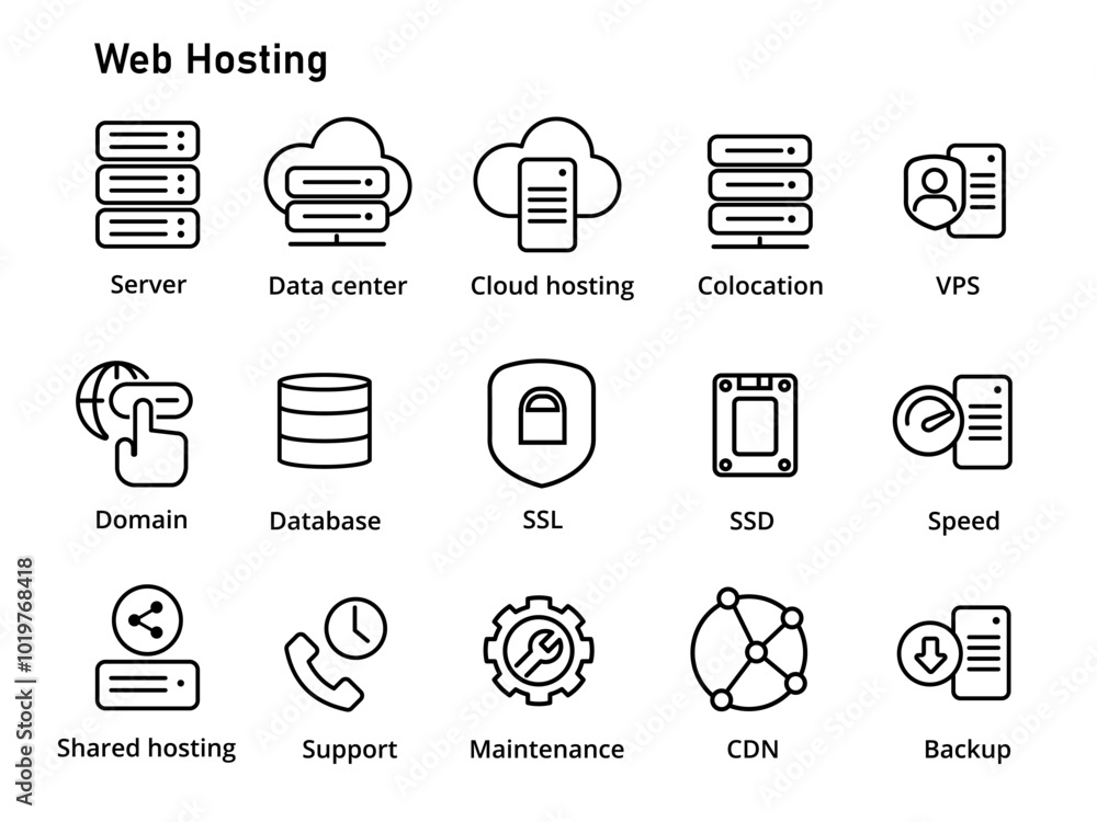 Poster web hosting service icon set outline black line simple server vps shared server colocation cdn cloud
