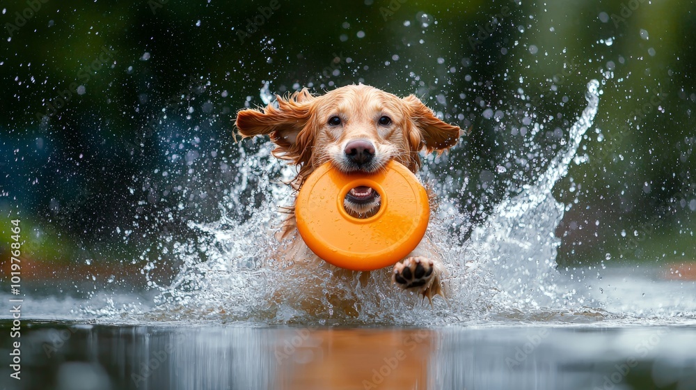 Wall mural a happy golden retriever dog running through water with a frisbee in his mouth