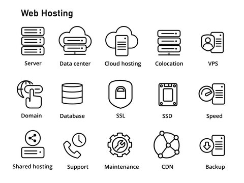 Web hosting service icon set outline black line simple server VPS shared server colocation CDN cloud virtual private server