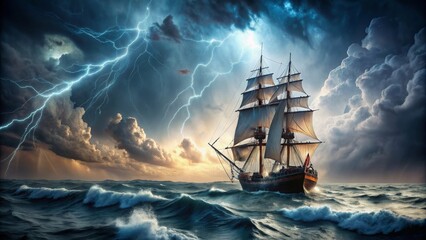 Sailing ship battling through a violent storm with lightning in the background , ship, storm, sea, waves, struggle, danger