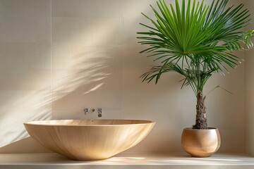 Fototapeta premium Vibrant Minimalist Japandi Bathroom with Wood Accents and Natural Elements for a Serene Spa-Like Atmosphere in Modern Home Design