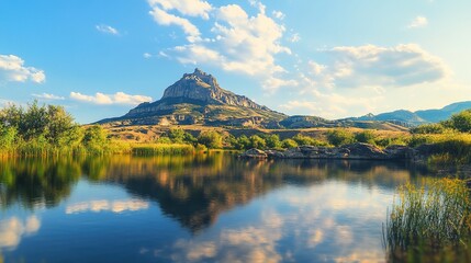 Obraz premium Vivid Capture of a Breathtaking Landscape Showcasing Majestic Mountains, Lush Greenery, and Serene Waters Under a Clear Blue Sky for Nature Lovers