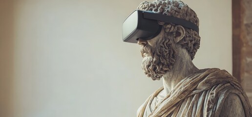 ancient greek statue of a philosopher equipped with a virtual reality headset