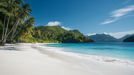 Tropical beach with white sand, turquoise water, palm trees, and lush green hills under a blue sky.