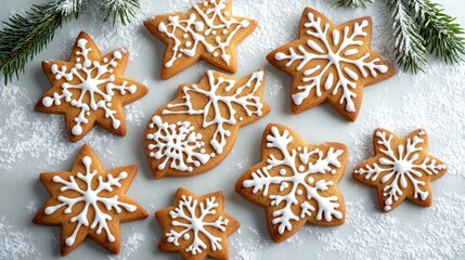 Golden Brown Snowflake and Star Gingerbread Cookies on Pastel Background
