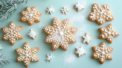 Golden Brown Snowflake and Star Gingerbread Cookies on Pastel Background