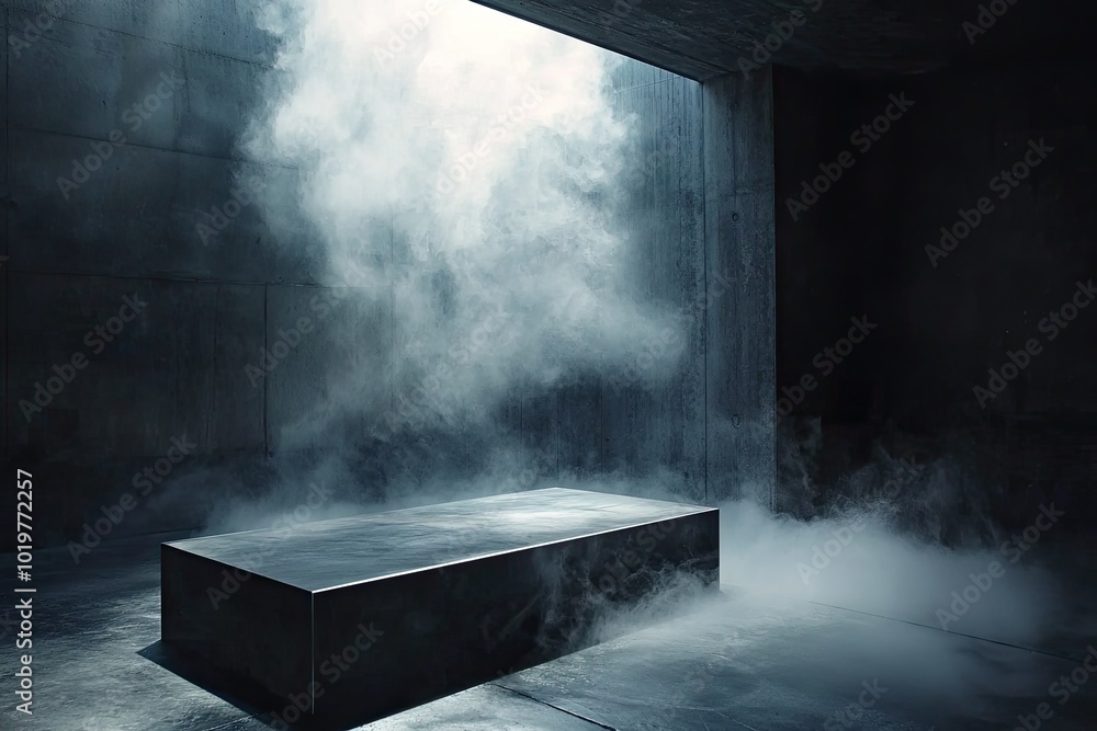Poster Abstract dark background with smoke and fog on a concrete floor, an empty scene for product presentation
