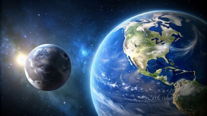 Obraz premium A serene image of the Earth and moon in the vast expanse of space, earth, moon, space, planet, celestial, universe, orbit