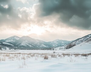 Obraz premium Serene Winter Landscape with Majestic Mountains and Snowy Forests Capturing the Beauty of Nature in a Tranquil Setting for Your Creative Projects