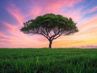 Obraz premium Solitary Tree Arches Elegantly Against a Vibrant Sky, Capturing Nature's Beauty in a Tranquil Landscape, Perfect for Nature and Landscape Photography Enthusiasts