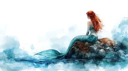 Dreamy Watercolor Mermaid by the Shore