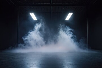 Dark background, concrete floor with smoke and fog, dark scene, spotlights on the ground, background for product presentation