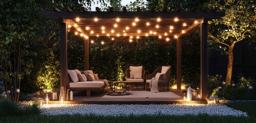 Simple garden pergola with patio furniture on gravel under string lights.