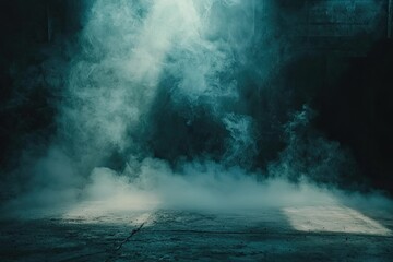 Fototapeta premium Dark room with a concrete floor and smoke, a dark background for product presentation. Dark, empty scene with fog on the ground