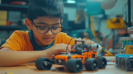 Latino and Indian engineers using robotics to create custom-designed toys, blending creativity with advanced technology