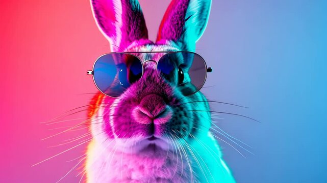A cool bunny wearing sunglasses poses in front of a bright pink and blue background