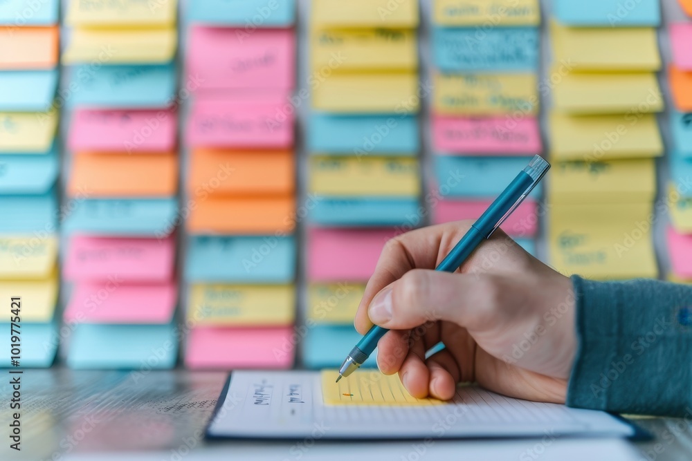 Poster hand writing notes with a pen in front of a wall covered with colorful sticky notes