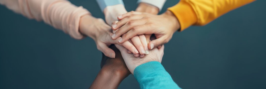 Close-up of diverse hands stacked together symbolizing teamwork and unity