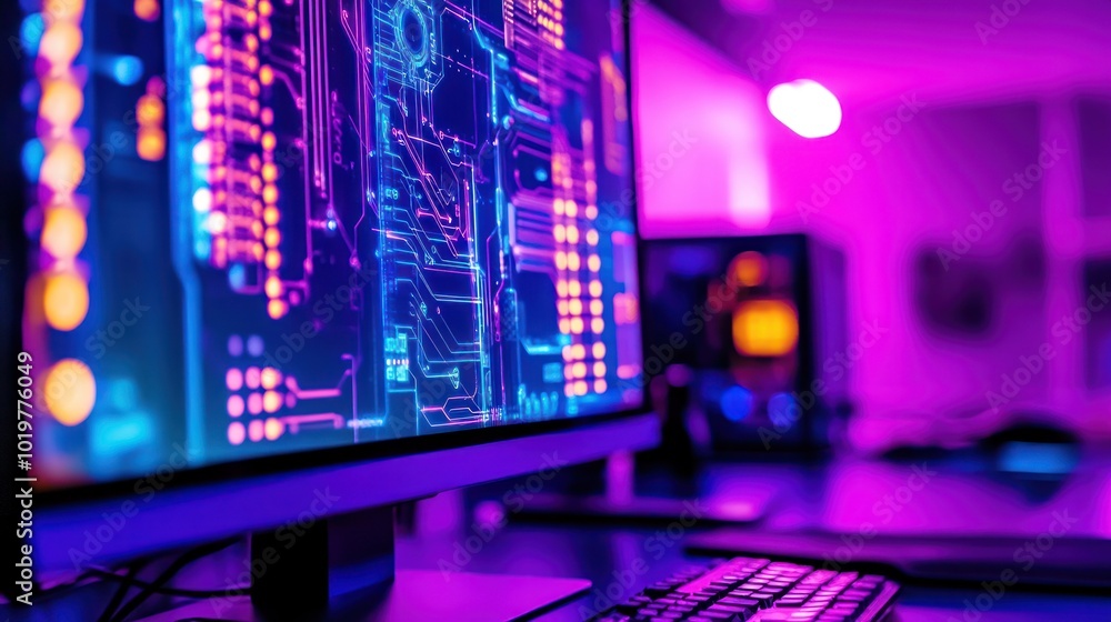 Poster neon lights and circuitry on a computer screen