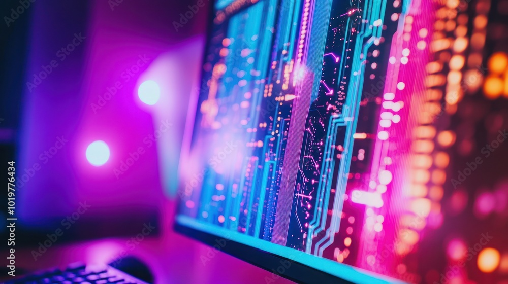 Poster neon computer with circuit board