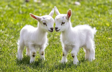 Obraz premium two white baby goats playing together in the grass