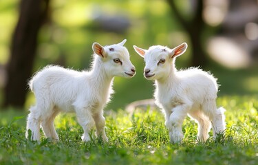 two white baby goats playing together in the grass