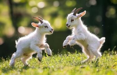 Obraz premium two white baby goats playing together in the grass