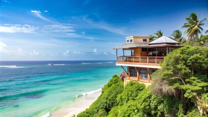 Obraz premium Tropical ship house cabin perched on a cliff overlooking the ocean beach , Island, tropical, ship, house, cabin, cliff, ocean