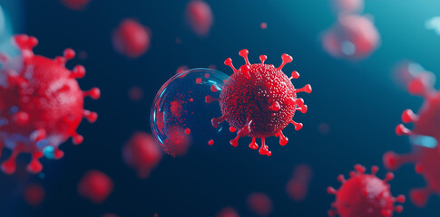 3D Illustration of Coronavirus Particles Floating in a Blue Background,A detailed 3D rendering of red coronavirus particles floating against a blue gradient background