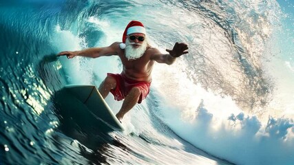 Surfing Santa Claus catching a wave in tropical water, wearing a Santa hat and sunglasses, bringing holiday cheer to the beach. Fun and festive Christmas vacation scene. Movie made using Generative AI - Powered by Adobe