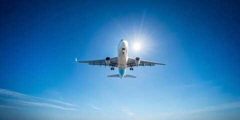 Naklejka premium Airplane soaring through clear blue sky , aircraft, flight, transportation, travel, jet, aviation