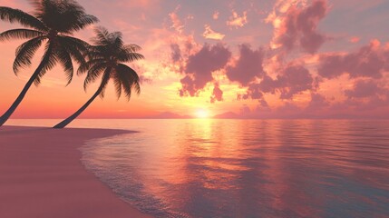Two palm trees on a tropical beach with a colorful sunset over the ocean.