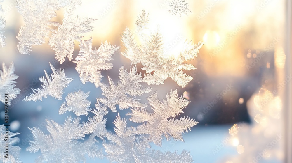 Poster close-up of delicate ice crystals forming intricate patterns on a frosted window pane during winter