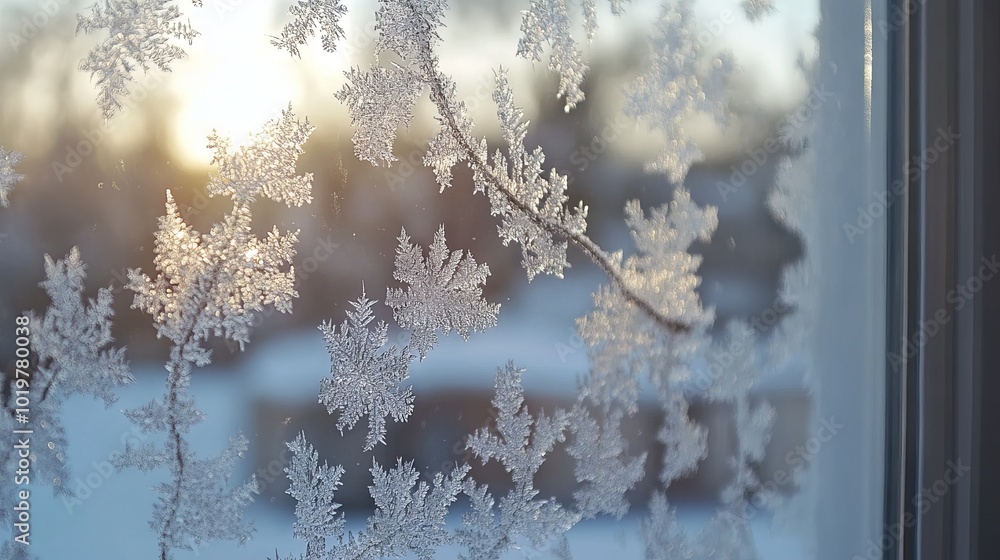 Poster close-up of delicate ice crystals forming intricate patterns on a frosted window pane during winter
