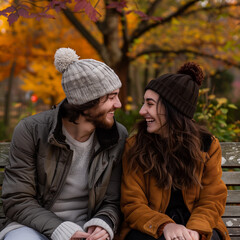 Young Couple Sharing Joyful Laughter on Park Bench, Autumn Leaves Paint a Scenic Backdrop, Hands Gently Touching in Enjoyable Companionship