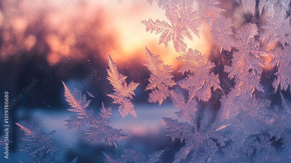 Poster close-up of delicate ice crystals forming intricate patterns on a frosted window pane during winter